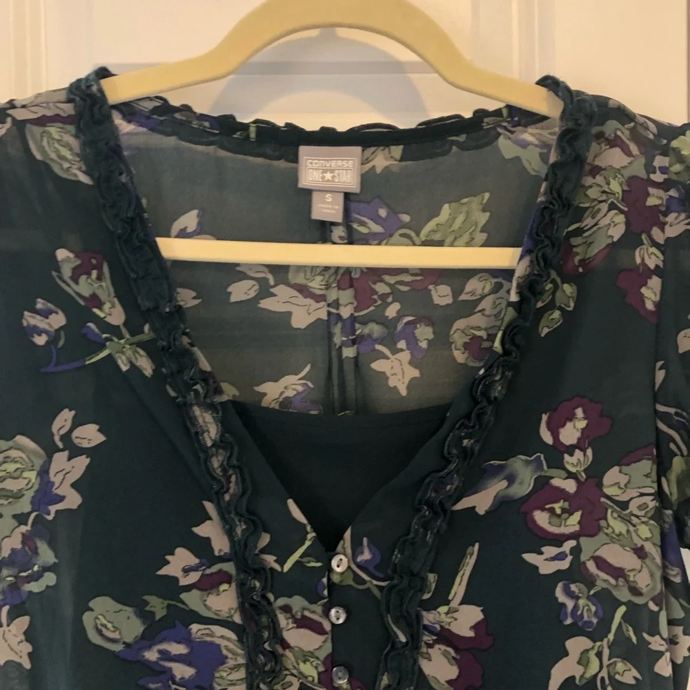 Converse | Navy Floral Short Sleeve Ruffle Print Fit & Flare Dress Size S - Picture 4 of 13